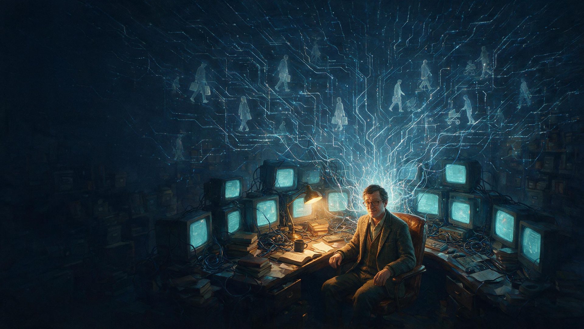Illustration of a bespectacled man sitting at a desk surrounded by old monitors, with glowing circuitry and translucent pedestrian silhouettes spreading across the walls