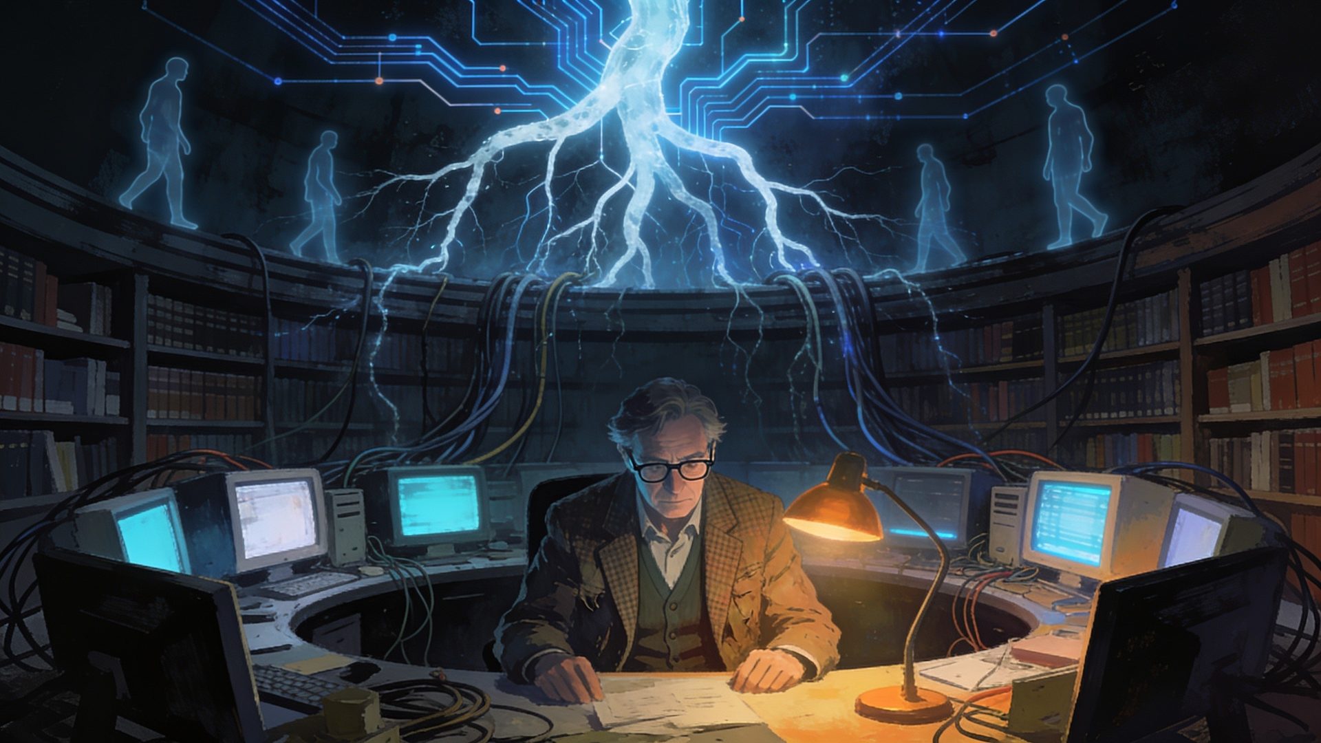 Ilustración de un hombre con gafas sentado en un escritorio rodeado de monitores antiguos, con circuitos luminosos y siluetas translúcidas de peatones extendiéndose por las paredes