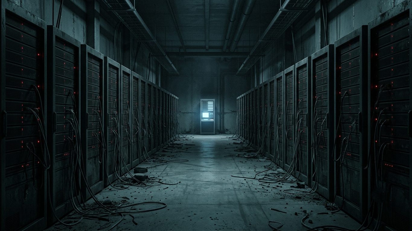 A dark data-center corridor with rows of powered-off server racks and loose cables on the floor, one lit terminal glowing at the far end