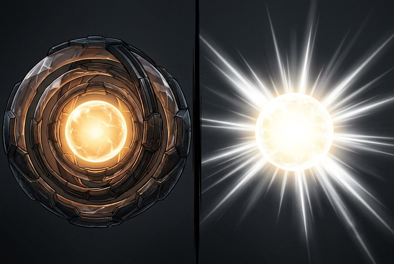 Split diptych diagram: on the left a core of light contained by multiple concentric armor layers; on the right an identical core fully exposed, radiating light with no containment at all