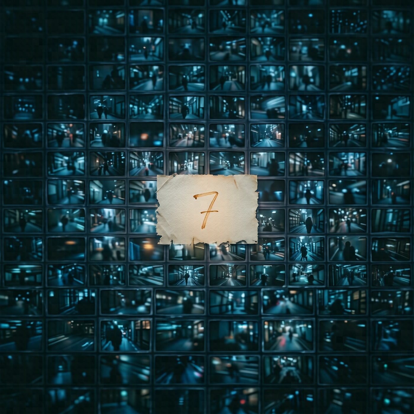 A mosaic of dozens of security camera feeds converging toward a single piece of paper with a handwritten number