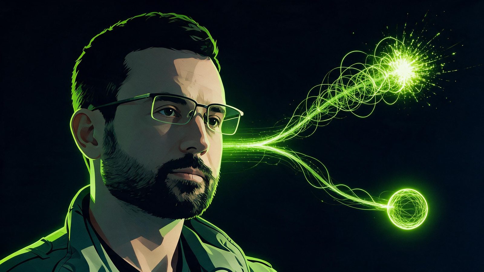 Ilustração estilizada de um pesquisador de IA olhando para um caminho luminoso verde que se bifurca — um lado explode em caos, o outro se contém numa esfera calma