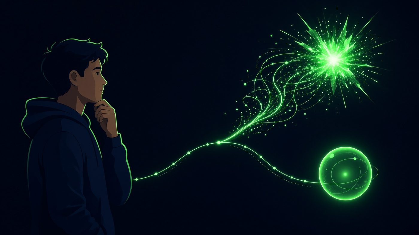 Pesquisador pensativo observando um caminho luminoso verde bifurcado — um lado explode em caos, o outro se contém numa esfera calma