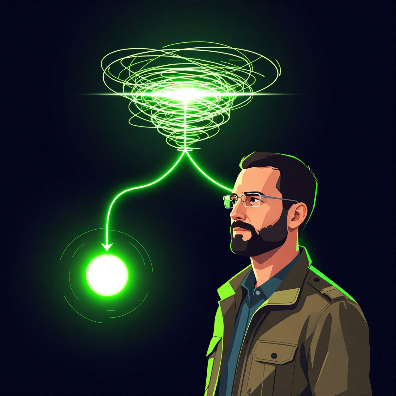 Perfil de pesquisador com um turbilhão de linhas verdes luminosas em espiral acima da cabeça, conectado a uma esfera calma abaixo
