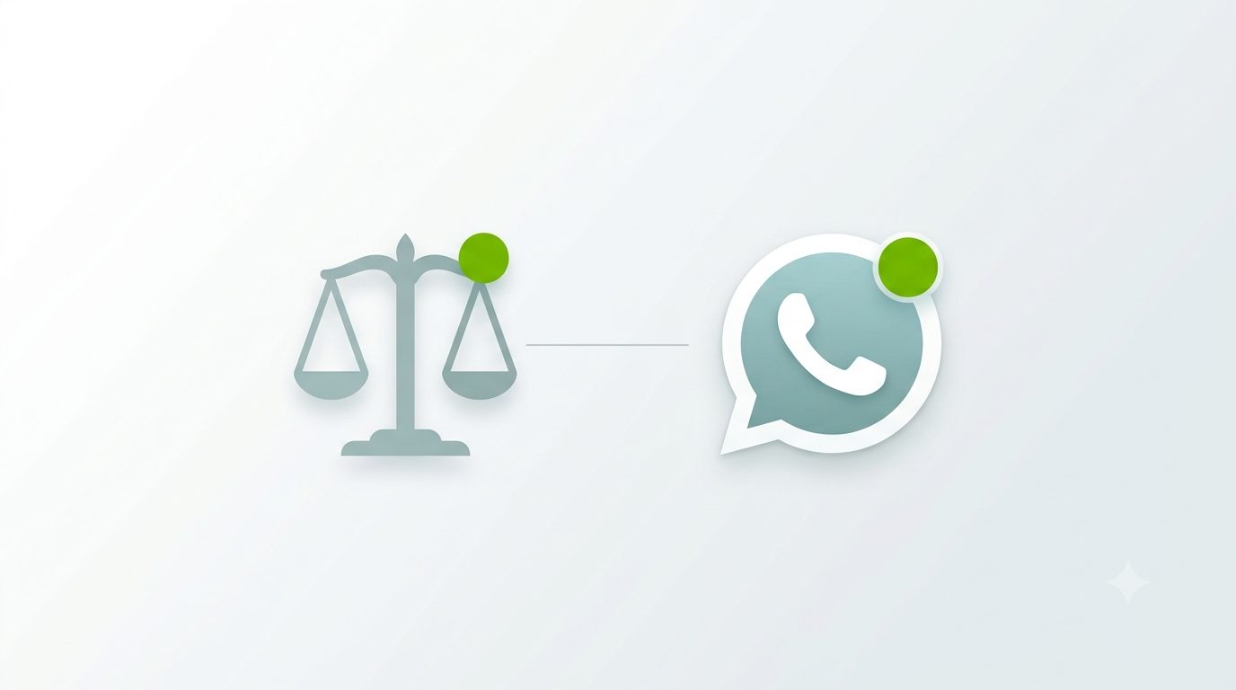 Ícone de balança da justiça ao lado de um ícone de WhatsApp, conectados por uma linha, representando o escritório de advocacia atendendo pelo aplicativo