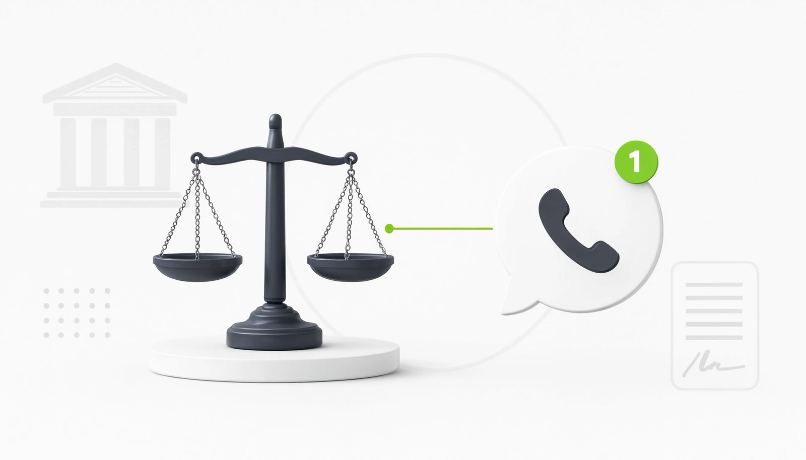 Icone de balanca da justica ao lado de uma bolha de chat do WhatsApp, conectados por uma linha sutil