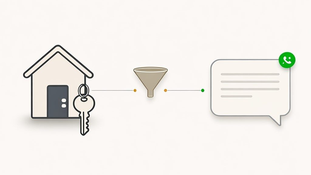 Icone de casa e chave ao lado de uma bolha de chat do WhatsApp, com um funil sugerindo qualificacao de leads