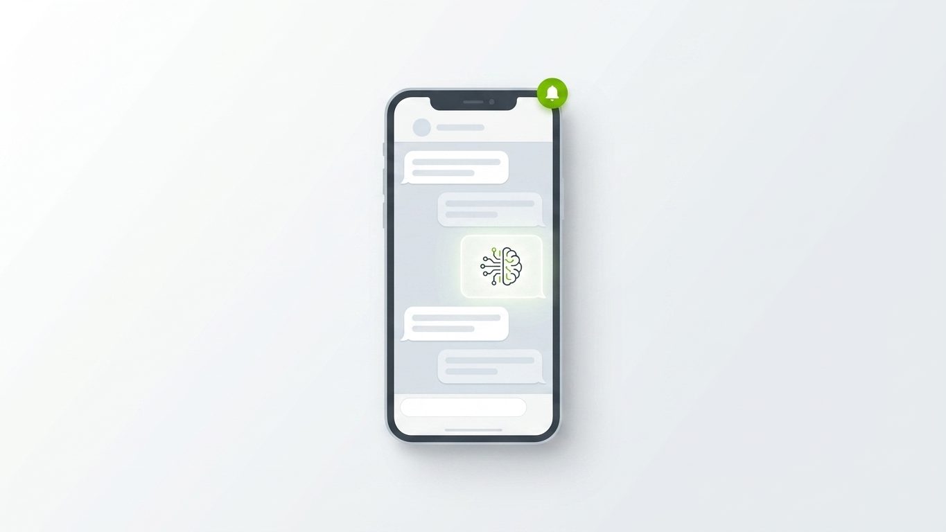 Ilustração de um celular mostrando uma conversa de WhatsApp com um ícone de cérebro digital em destaque, indicando resposta de um agente de IA