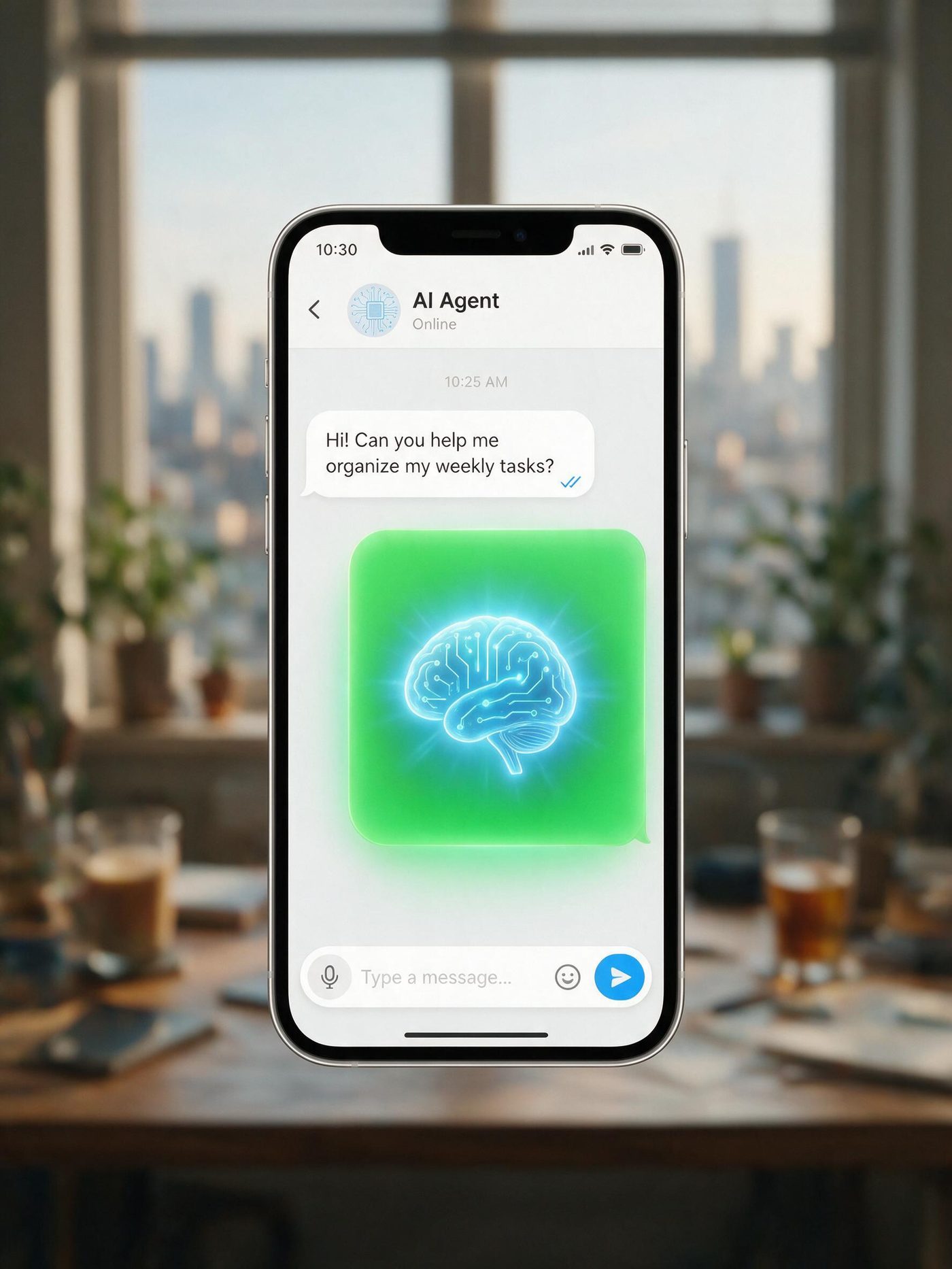 Celular sobre uma mesa de escritório mostrando de perto uma conversa de WhatsApp com o agente de IA respondendo