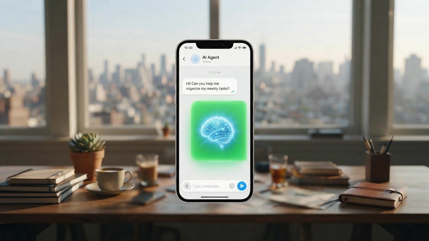 Celular sobre mesa de escritório mostrando conversa de WhatsApp com um icone de cerebro digital brilhando em verde, representando um agente de IA respondendo