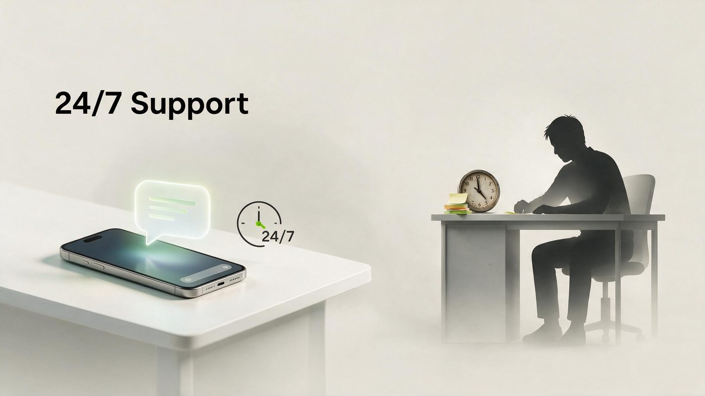 Comparação visual: celular com suporte 24 horas de um lado, atendente humano cansado trabalhando fora do horário do outro