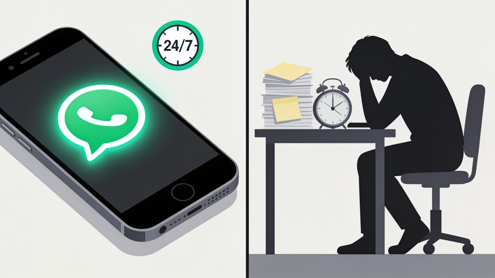 Composicao dividida entre uma conversa de WhatsApp ativa e um atendente humano cansado a mesa fora do horario