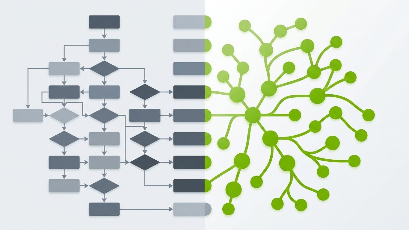 Composicao dividida: fluxograma rigido de caixas conectadas de um lado, padrao organico de rede neural em verde do outro