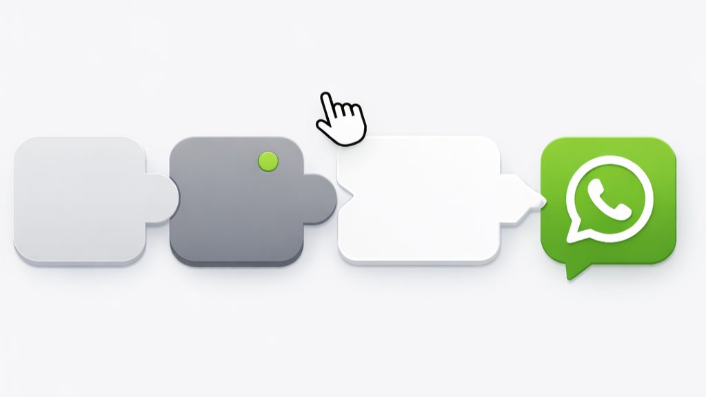 Blocos de montagem conectados em um fluxo simples terminando num icone de bolha de chat do WhatsApp, sugerindo configuracao sem codigo