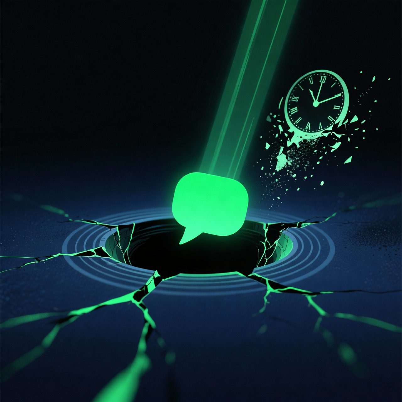 Balão de mensagem verde luminoso caindo dentro de um vórtice escuro rachado, com um relógio se despedaçando em partículas ao lado