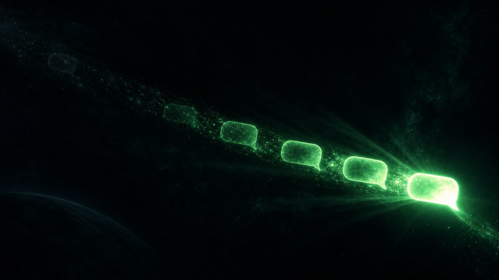 Sequência de balões de mensagem verdes luminosos em rastro, cada um mais brilhante que o anterior, cruzando um fundo escuro