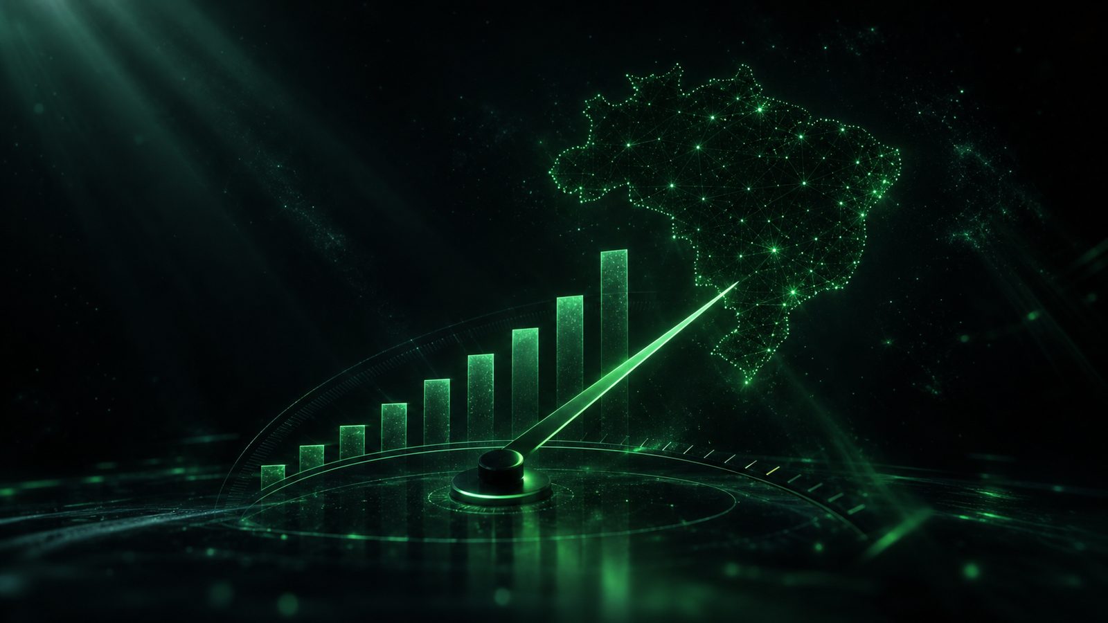 Painel/velocímetro digital verde com gráfico de barras crescente ao lado de um mapa do Brasil em constelação de pontos luminosos