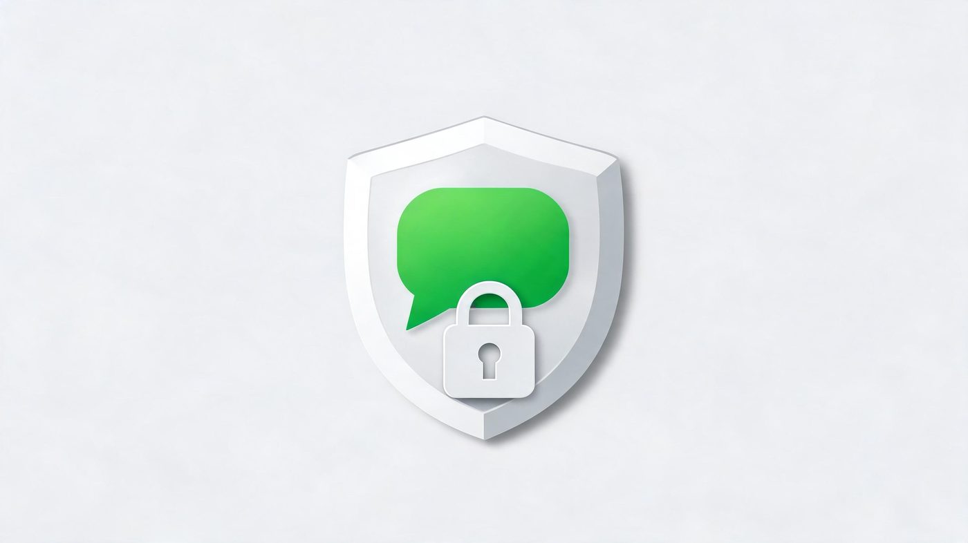 Escudo protegendo uma bolha de chat com um cadeado integrado, representando proteção de dados numa conversa de WhatsApp