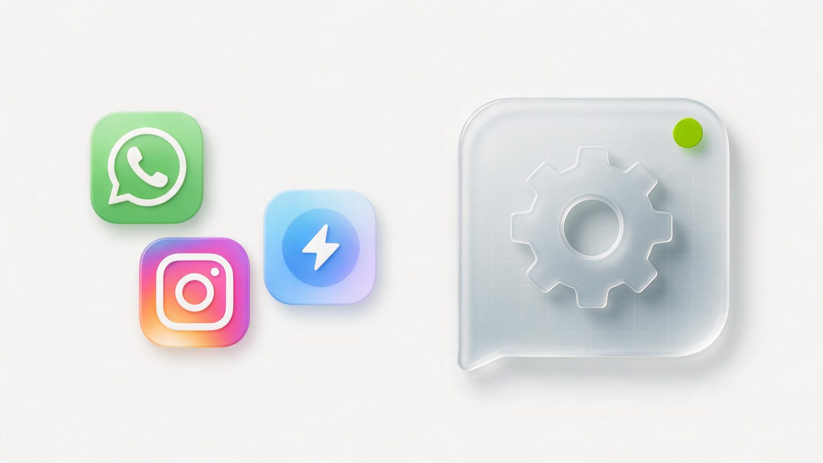 Conjunto de icones genericos de WhatsApp, Instagram e Messenger de um lado, e uma bolha de chat com engrenagem integrada do outro