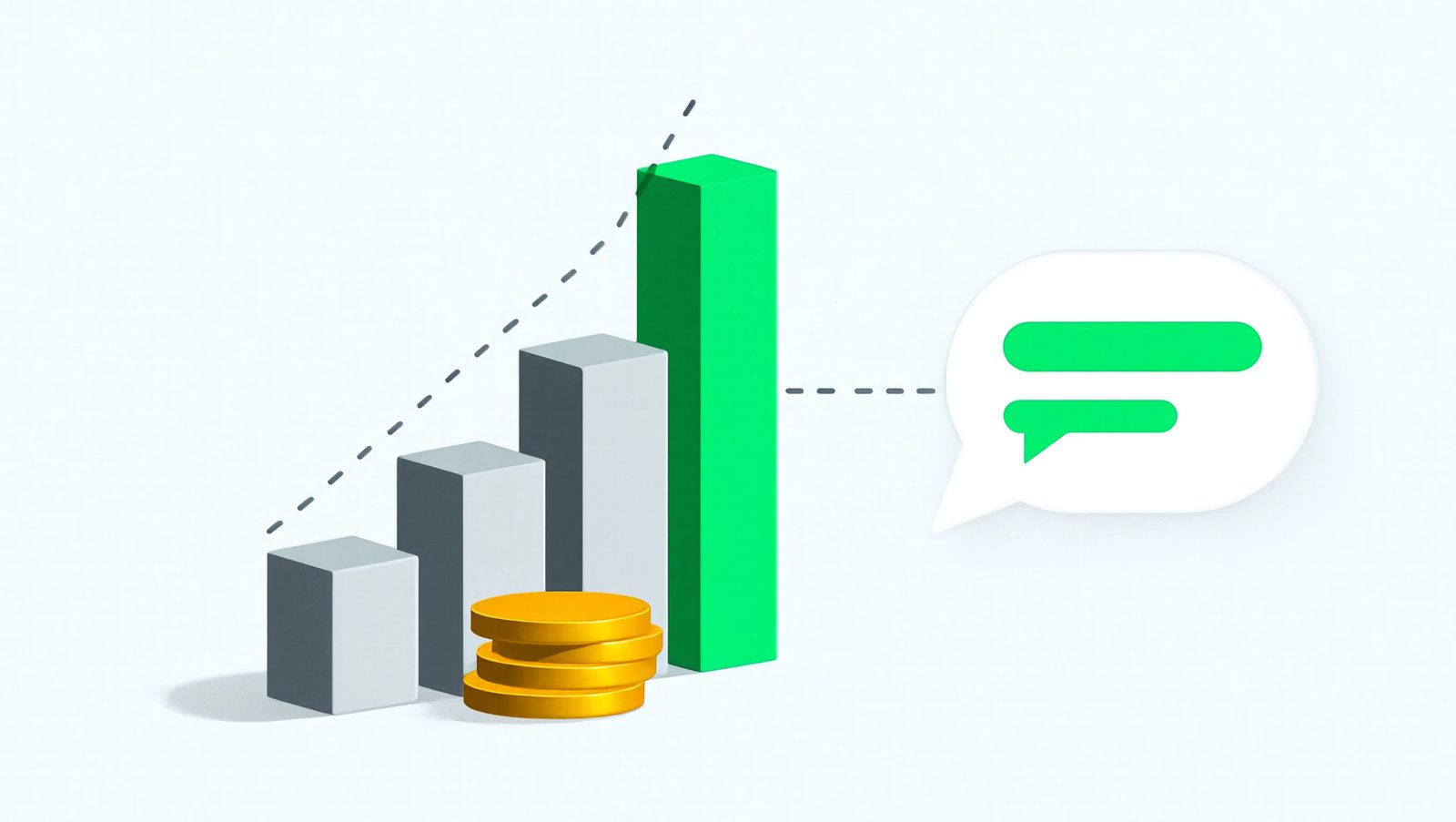 Grafico de crescimento com pilha de moedas na base, conectado a um icone de bolha de chat do WhatsApp