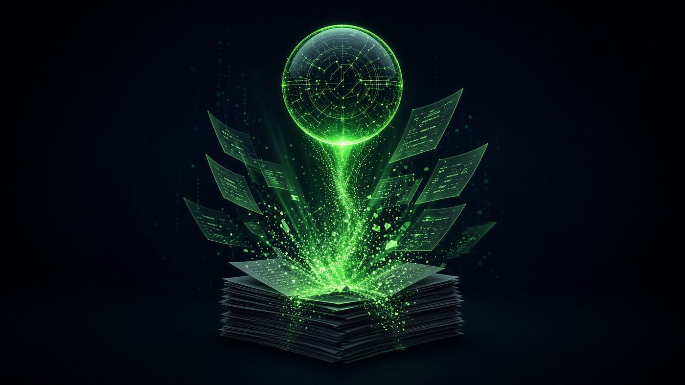 Esfera de dados verde luminosa com padrão de circuito flutuando sobre uma pilha de documentos que se dissolvem em partículas de luz