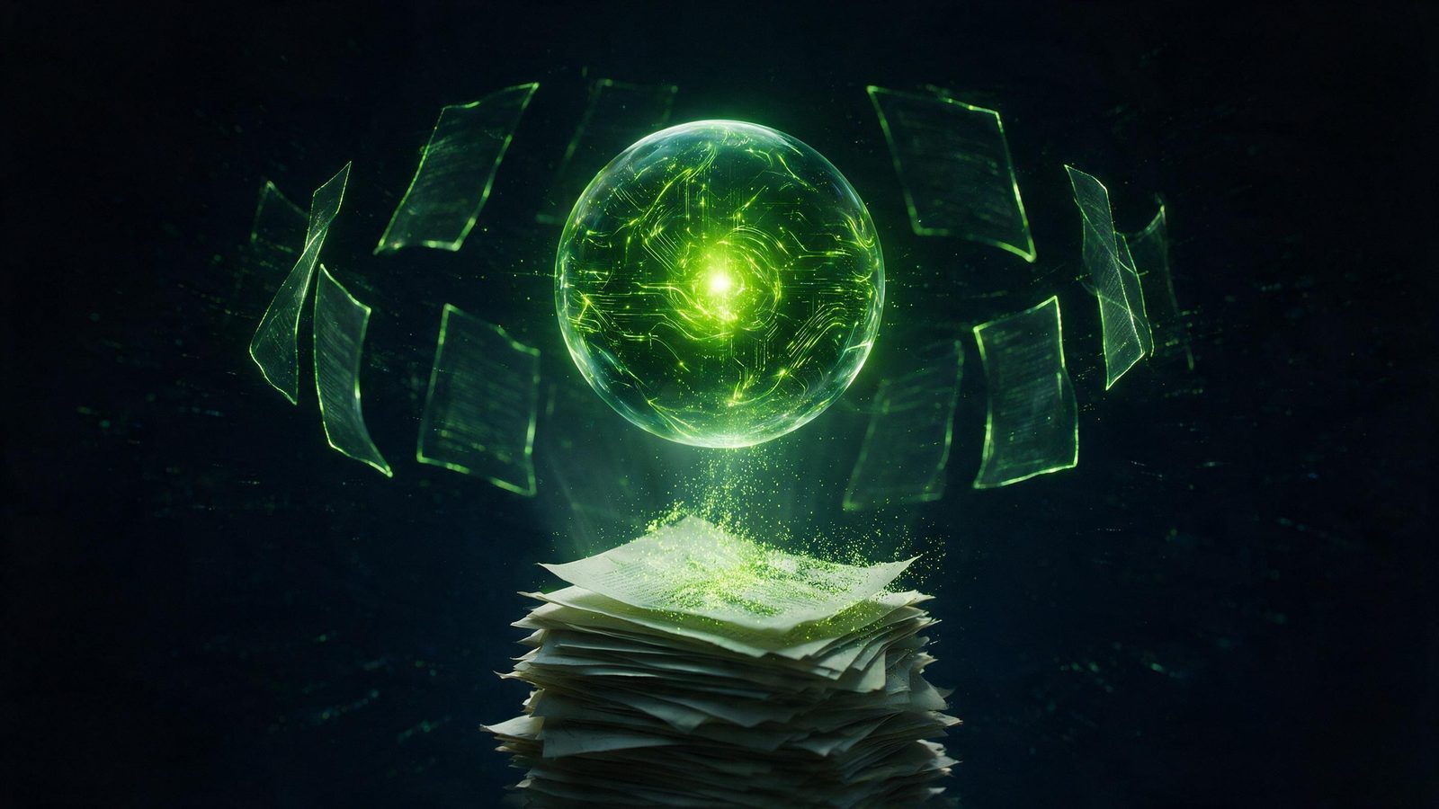 Esfera de IA verde luminosa absorvendo páginas de documentos que se dissolvem em partículas de luz, sobre uma pilha de papéis — metáfora visual do RAG
