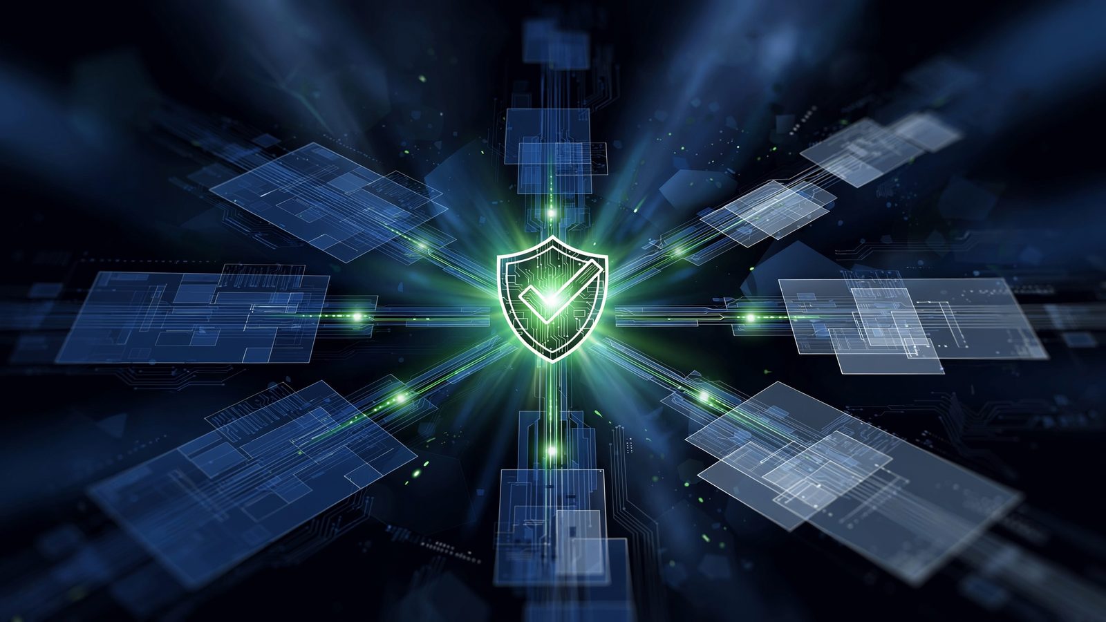 Escudo verificado verde luminoso no centro de painéis de circuito digital irradiando conexões — metáfora da infraestrutura oficial da API